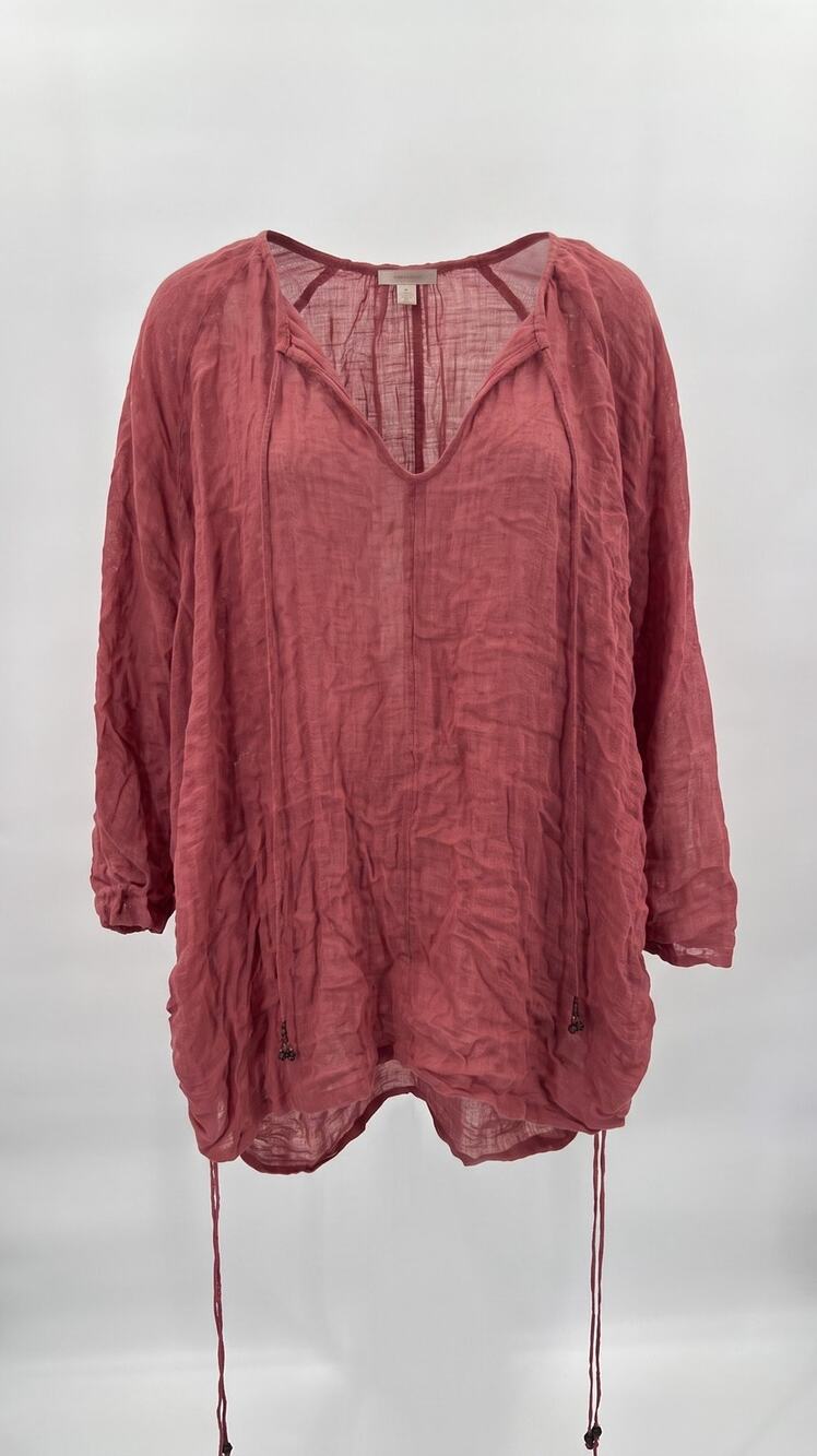 Free People Rose Pink Cotton Gauze Ruched Tunic Top Boho Oversized Large
